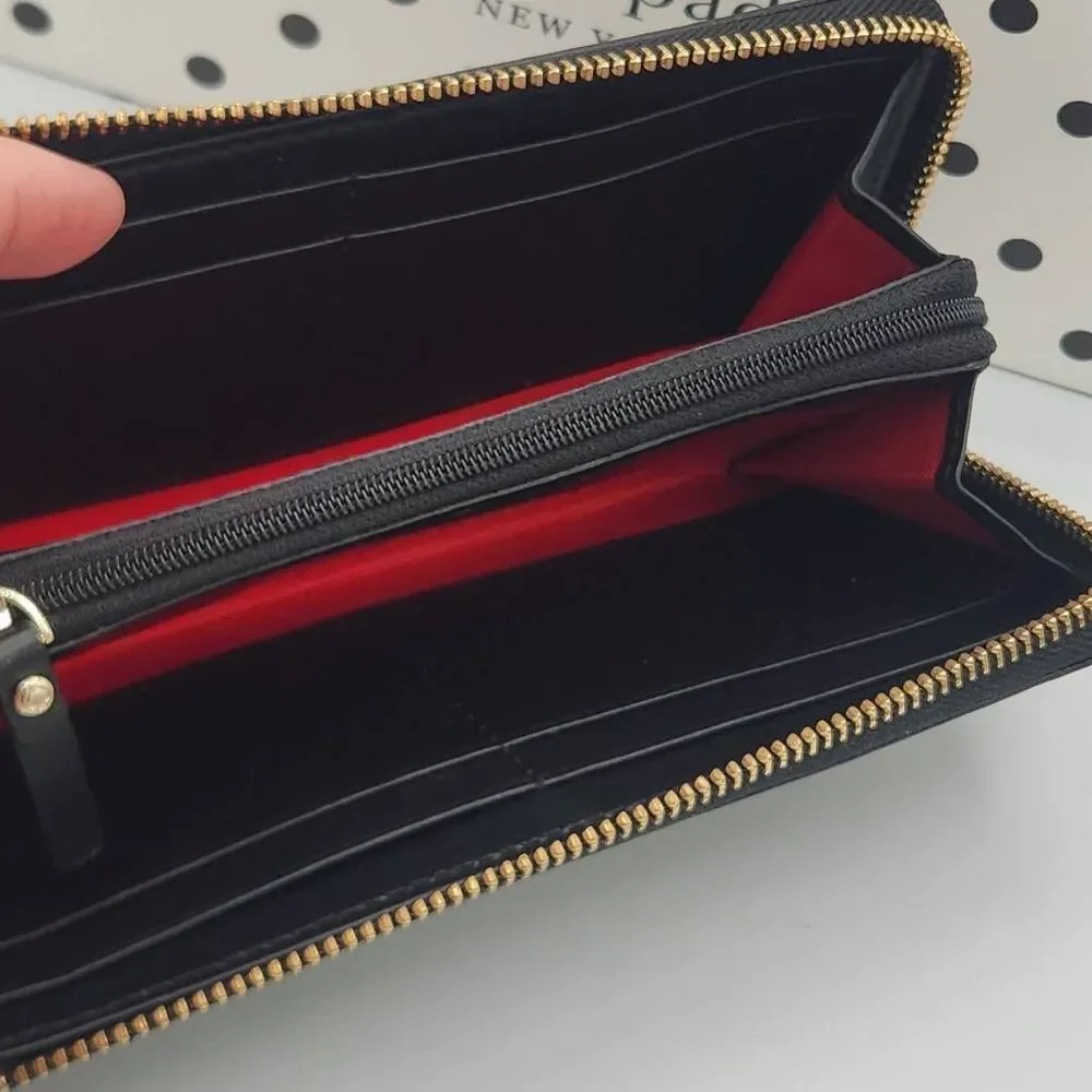Kate Spade charming dot black and cream zip around wallet with gift box